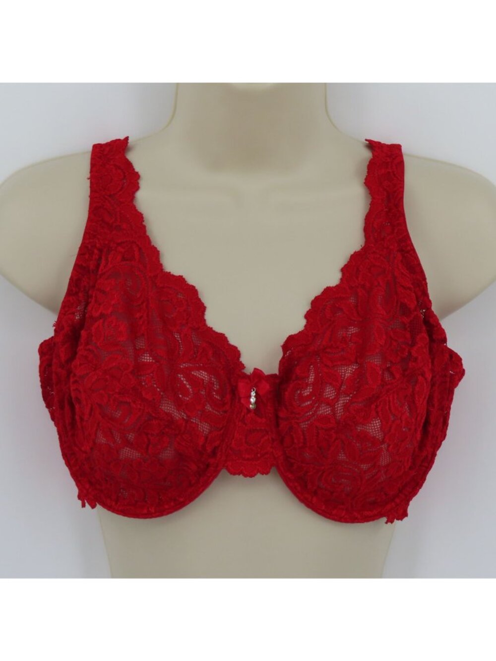 Secret Treasures 38D Bra Rhinestone Sheer Solid Red Lace Mesh Underwire Unlined - Picture 15 of 15
